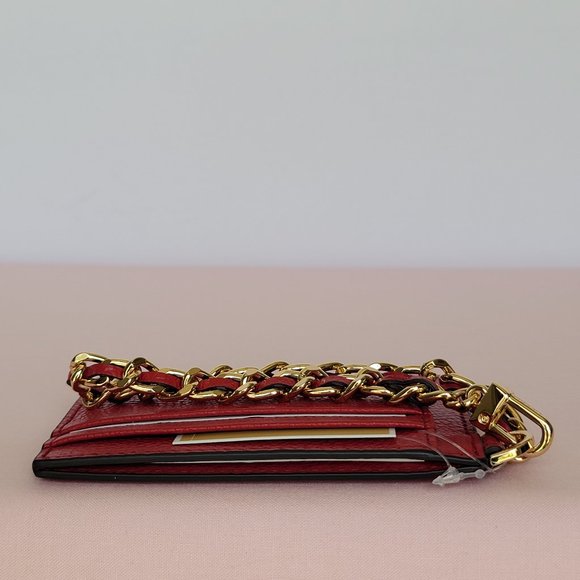 MICHAEL KORS Jet Set Small ID Pebbled Leather Chain Card Holder Case-Crimson⭐ - Picture 11 of 16